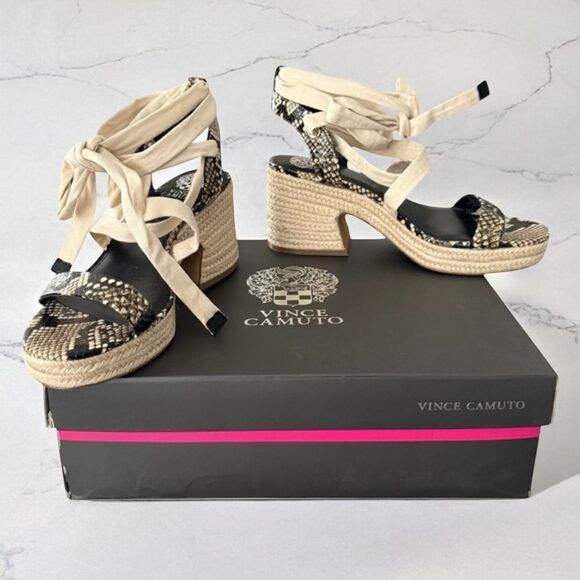Vince Camuto Roreka Espadrille Block Heel Sandal Warm Vanilla Black Python - Picture 1 of 14